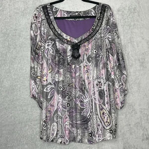 Sara Michelle Womens Top 2X Purple Paisley Elbow Short Sleeve V Neck Casual